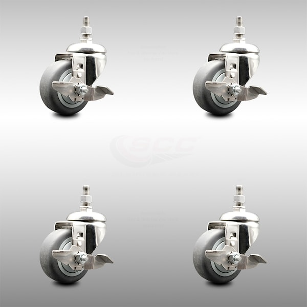 Service Caster 3.5 Inch 316SS Thermoplastic Rubber 3/8 Inch Threaded Stem Caster Set Brake SCC SCC-SS316TS20S3514-TPRB-TLB-381615-4 - main